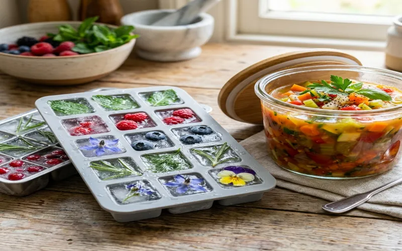 Frozen herbs and berries in ice cube trays